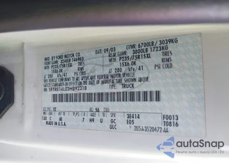 2003 Ford E-150 Commercial/Recreational z USA, uszkodzony, nr VIN 1FTRE14L03HB92318